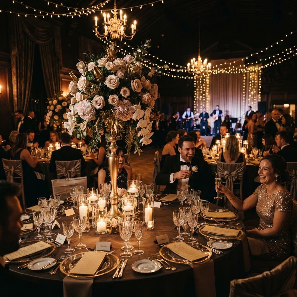 Elegantly decorated event reception with warm golden lighting